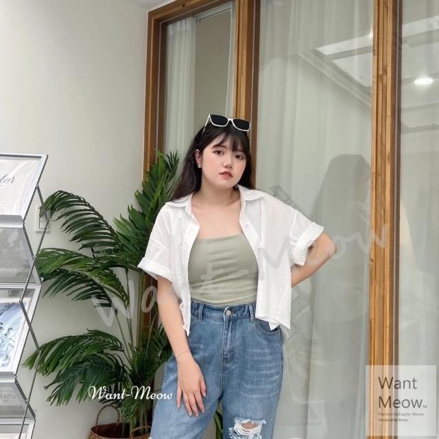 【Want-Meow】90公斤可穿/自訂款韓系百搭短版襯衫/大尺碼襯衫(大碼/大尺碼/加大碼/短版襯衫)