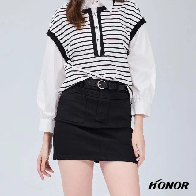 【HONOR 山形屋】出清品 經典雙口袋包臀短裙附皮帶-黑(限定出清)