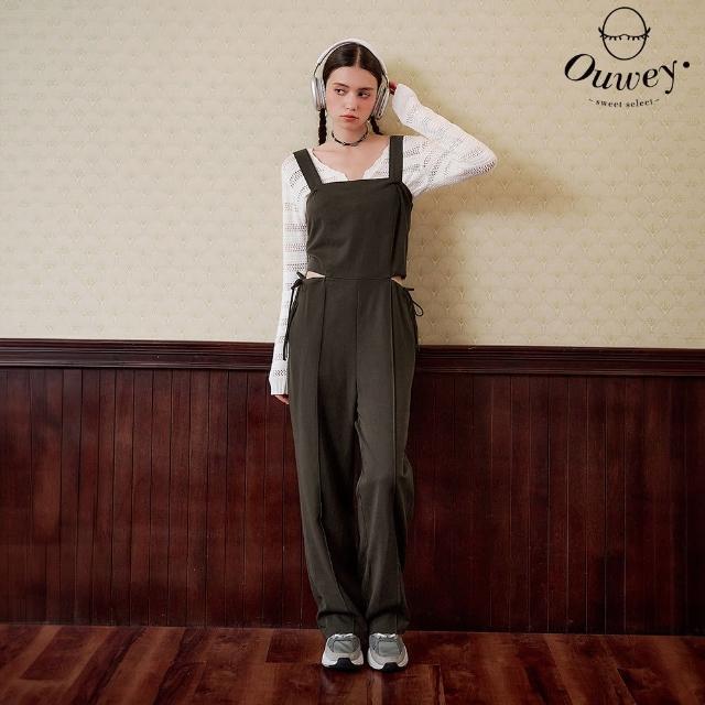 【OUWEY 歐薇】縲縈抽繩長版吊帶連身褲(深咖；S-L；3243327606)