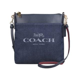 【COACH】COACH KITT緹花字母LOGO牛仔帆布搭配牛皮拉鍊斜揹包(丹寧藍)