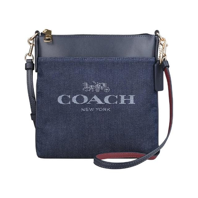 【COACH】COACH KITT緹花字母LOGO牛仔帆布搭配牛皮拉鍊斜背包(丹寧藍)