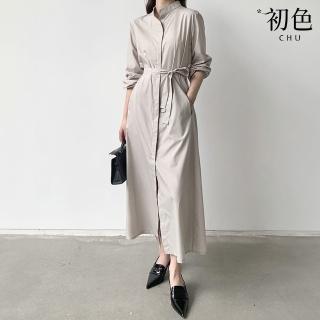 【初色】韓系純色寬鬆單排釦系帶立領長袖A字裙中長裙連衣裙連身洋裝-共2色-38075(M-XL可選)
