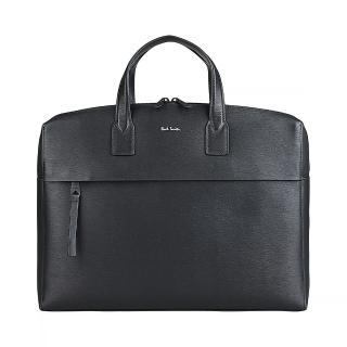 【Paul Smith】PAUL SMITH燙印草寫字LOGO水波紋設計牛皮拉鍊手提公事包(男款/黑)