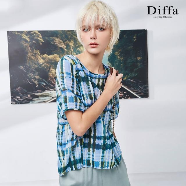 【Diffa】歐風時尚藍綠格短袖上衣-女