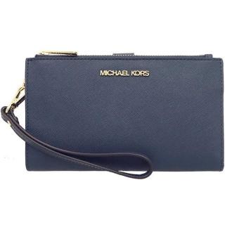 【Michael Kors】JET SET TRAVEL藍色十字紋防刮皮革雙層手掛式手拿手機套中夾