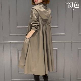 【初色】韓版休閒純色壓褶寬鬆大碼過膝長款連帽風衣外套女外套-共6色-38042(M-4XL可選)