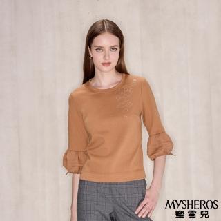 【MYSHEROS 蜜雪兒】高含棉造型上衣 貼鑽點綴 縮口泡泡袖設計(駝)