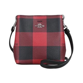 【COACH】COACH TOWN浮雕馬車LOGO水牛格紋PVC吸釦式斜背水桶包(迷你/紅x黑)