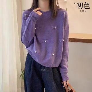 【初色】立體勾花蝴蝶結純色寬鬆休閒圓領長袖保暖針織毛衣上衣女上衣-共2色-37995(F可選)