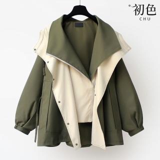 【初色】撞色拼接收腰中長款單排釦拉鍊風衣外套女外套-共3色-38034(M-3XL可選)