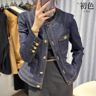 【初色】小香風撞色明線金釦修身圓領長袖牛仔短外套女外套-深藍色-38028(M-XL可選)