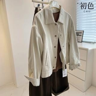 【初色】韓系都市風純色寬鬆明線單排釦口袋POLO領牛仔夾克外套女外套-共2色-38026(M-XL可選)