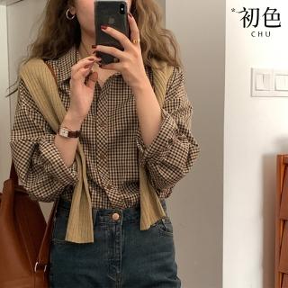 【初色】韓版復古格紋休閒百搭寬鬆顯瘦翻領長袖襯衫上衣女上衣-咖色格紋-38038(M-XL可選)