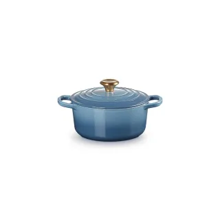 【Le Creuset】典藏琺瑯鑄鐵鍋圓鍋18cm(藍色迷霧-金頭-內鍋白)