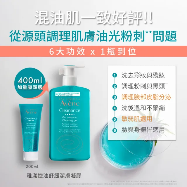 【Avene 雅漾官方直營】控油舒緩潔膚凝膠400ml 2入組(洗面乳/沐浴乳)