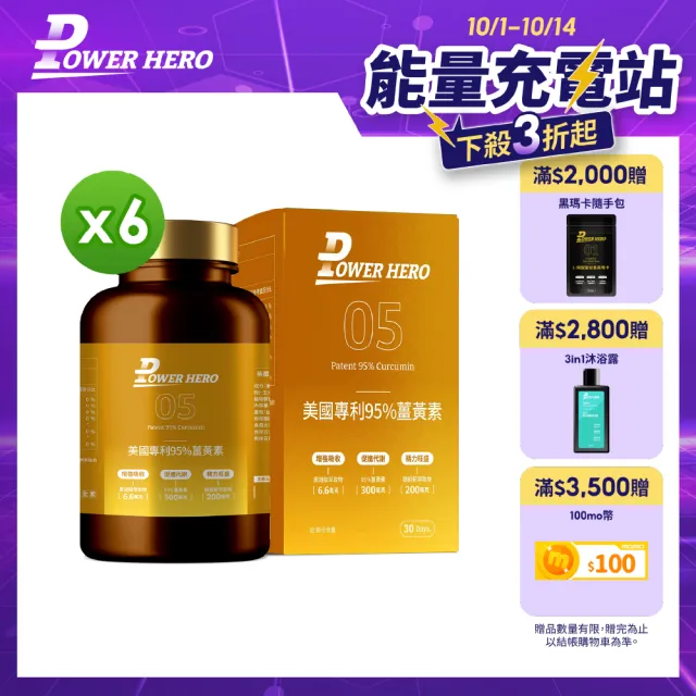 【PowerHero 勁漢英雄】美國專利95%薑黃素x6盒(60顆/盒、法國朝鮮薊萃取物、專利黑胡椒鹼萃取、牛磺酸)