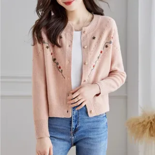 【Alishia】優雅柔軟短版繡花針織上衣 針織外套 M-2XL(米色 / 粉色 / 藍色)