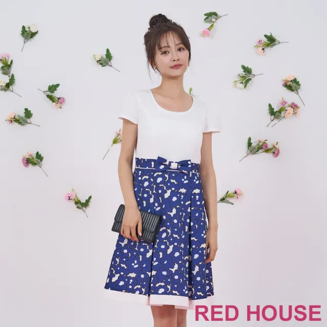 【RED HOUSE 蕾赫斯】配色拼接花朵印花洋裝(深藍色)