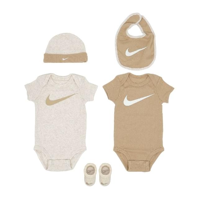 【NIKE 耐吉】包屁衣 Baby 小童 嬰兒 小朋友 奶茶 棕 棉質 短袖 帽子 襪子 圍兜 五件組(NY2433010NB-001)