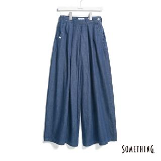 【SOMETHING】女裝 高腰打摺丹寧超寬褲(酵洗藍)
