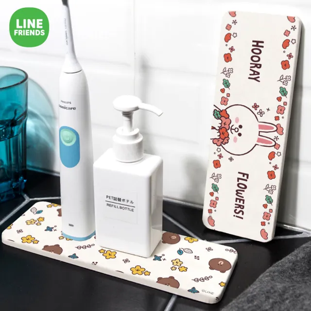 【SONA森那家居】LINE Friends 花朵系列- 硬式珪藻土洗漱墊 台灣製造 吸水 珪藻土 杯墊(24x8x0.9 cm)