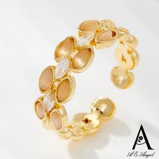 【ANGEL】甜美小貓眼雙排水鑽開口彈性戒指(金色)