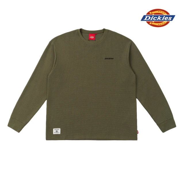 Dickies 男款軍綠色華夫格品牌Logo織標舒適長袖T恤｜DK012565MGR