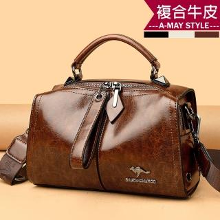 【Amay Style 艾美時尚】女包 真皮包 斜揹包 手提包 復古時尚牛蠟皮革手提肩背波士頓包(3色.預購)