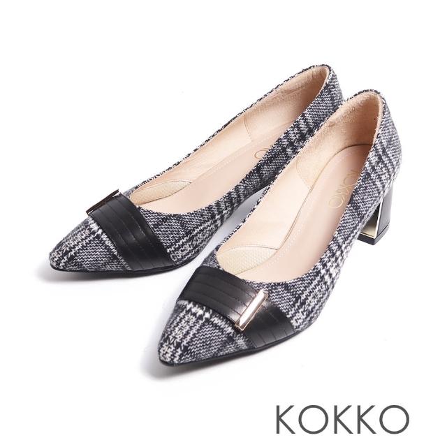 【KOKKO】氣質典雅帶條金屬飾釦粗跟包鞋(深藍色)