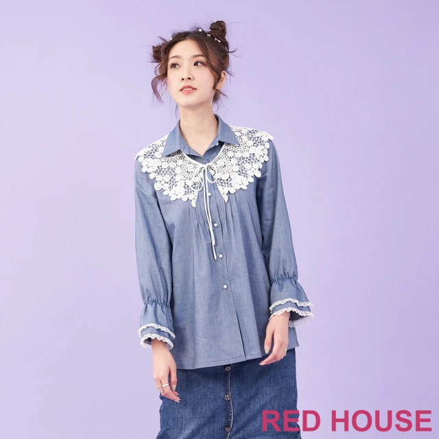 RED HOUSE 蕾赫斯 浪漫荷葉袖口牛仔上衣-不含蕾絲領(藍色)