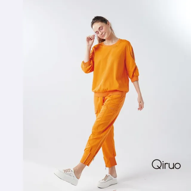 【Qiruo 奇若名品】厚棉質 彈性褲 鬆緊腰九分橘色休閒褲6008C 