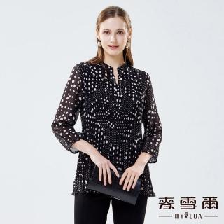 【MYVEGA 麥雪爾】點點印花壓摺長版雪紡上衣-黑