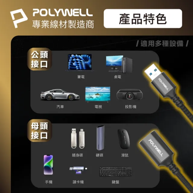 【POLYWELL】USB3.2 5G 18W Type-A 公對母延長線 /3米