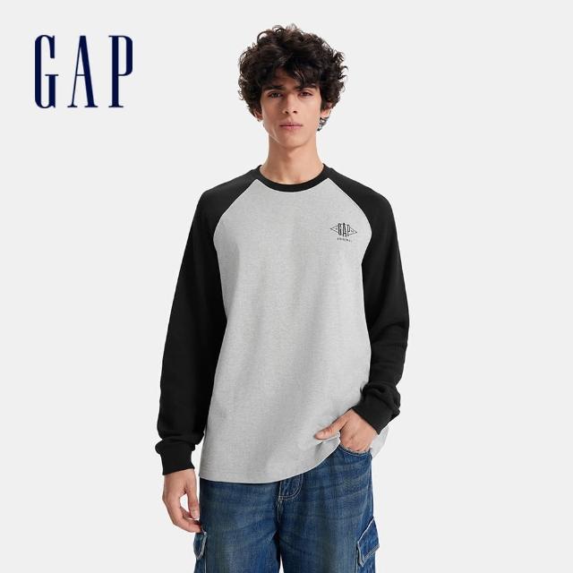 【GAP】男裝 Logo圓領長袖T恤 水洗棉系列-淺灰色(636679)