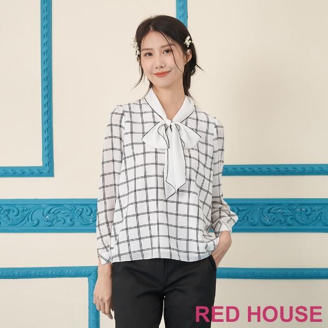 【RED HOUSE 蕾赫斯】綁帶蝴蝶結格紋上衣(白色)