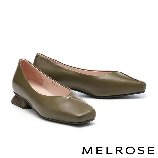 【MELROSE】雙11 美樂斯 日常簡約純色全真皮方頭低跟鞋(灰綠)