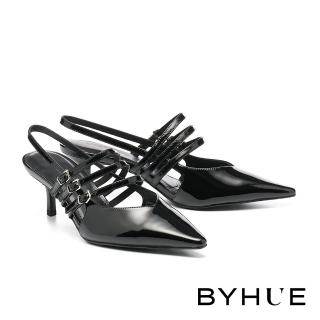 【BYHUE】時尚大人感牛軟漆皮後繫帶軟芯尖頭高跟鞋(黑)