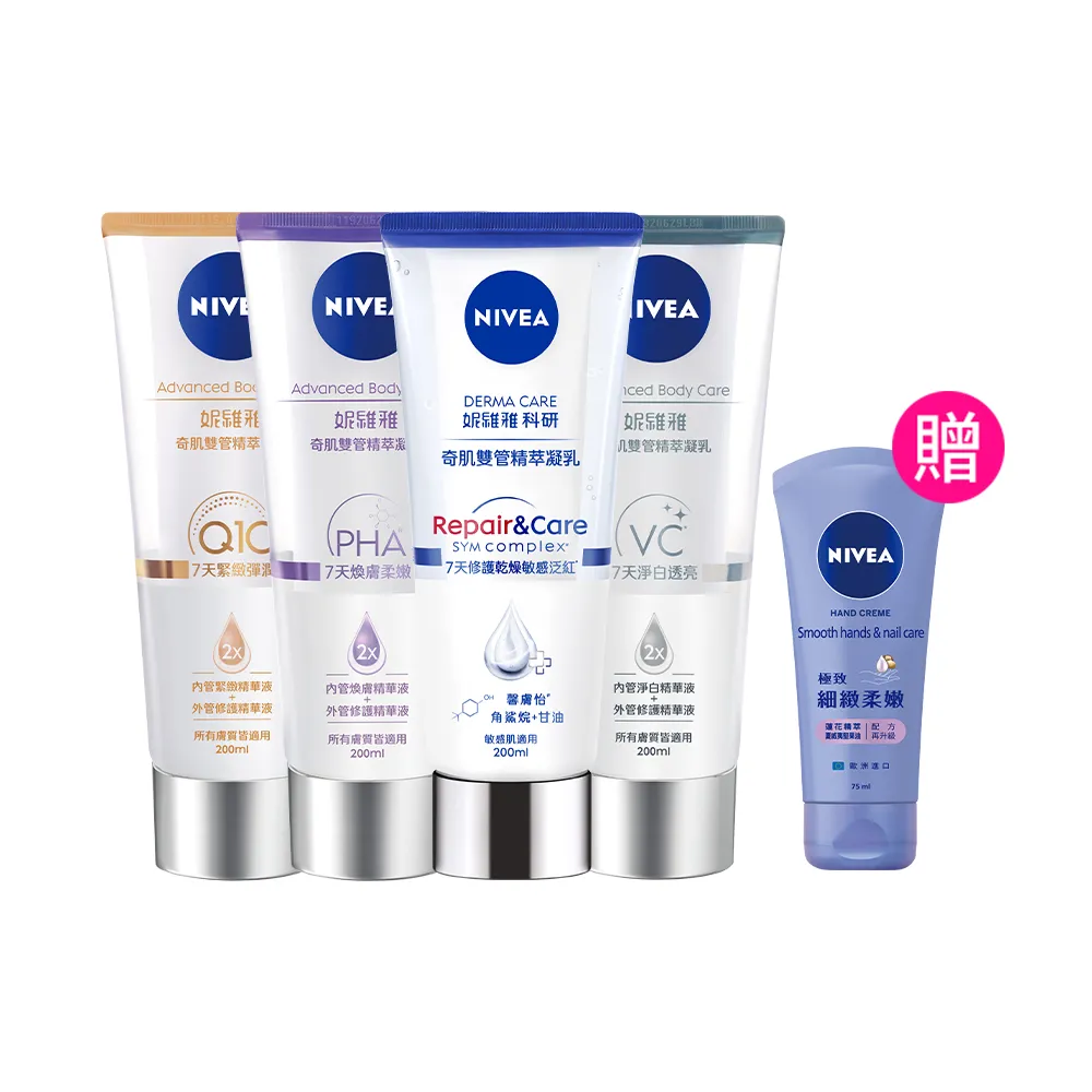 【NIVEA 妮維雅】新品上市★煥膚柔嫩奇肌雙管精萃凝乳200mlx3入(果酸身體乳/注嫩瓶/安瓶級乳液)