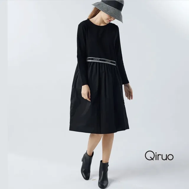 【Qiruo 奇若名品】厚棉質 雙層不規則 拼接 長袖黑色洋裝3056F 