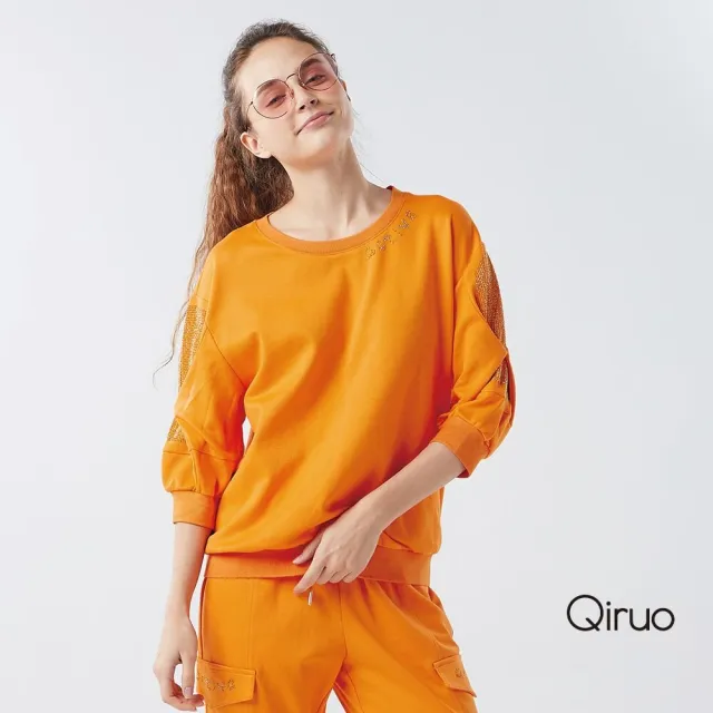 【Qiruo 奇若名品】厚棉質 五分袖水鑽款 下擺束口大園領橘色上衣6008A 
