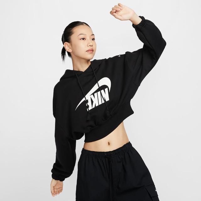 【NIKE 耐吉】長袖上衣 女款 帽T 運動 毛圈布 AS W NSW OS FLC CROP PO HDY DA 黑 FV7778-010