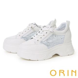 【ORIN】牛皮拼接網鑽免綁帶厚底休閒鞋(白色)