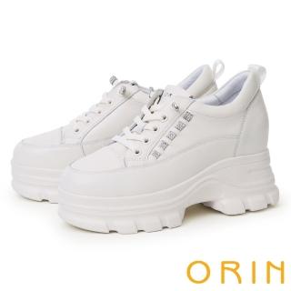 【ORIN】牛皮燙鑽免綁帶厚底鋸齒休閒鞋(白色)
