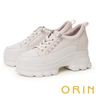 【ORIN】牛皮燙鑽免綁帶厚底鋸齒休閒鞋(粉紅)