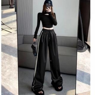 【Very Buy 非常勸敗】預購/美式復古設計感高腰寬鬆顯瘦休閒皮褲女裝秋季時尚寬褲
