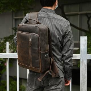 【MoonDy】牛皮後揹包 電腦後揹包 15寸電腦包 大容量後揹包 真皮雙肩包 復古牛皮書包 寬肩帶揹包