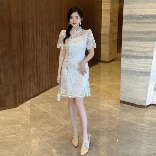 【Very Buy 非常勸敗】預購/赫本風法式復古中式旗袍裙蝴蝶結亮片女中國風繡花裙