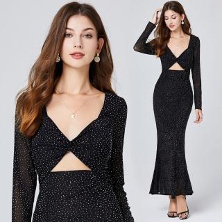 【Very Buy 非常勸敗】預購/洋裝燙鑽網高彈收腰性感包臀魚尾裙長袖禮服裙