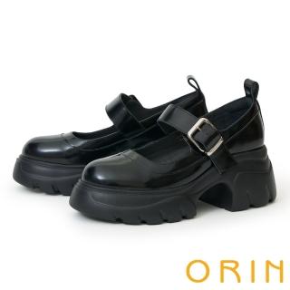 【ORIN】甜酷風一字繫帶厚底鋸齒瑪莉珍鞋(黑色)