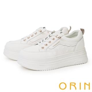 【ORIN】真皮壓紋造型免綁帶厚底休閒鞋(米白+金杏)